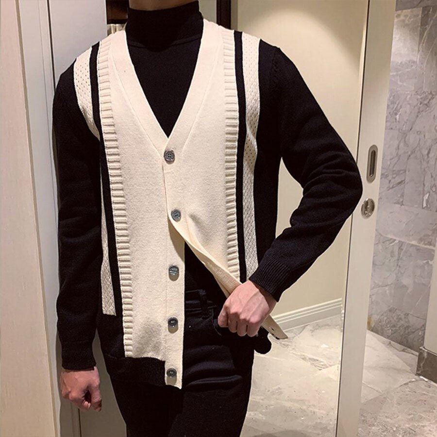 Men's Casual Knitted Cardigan Top Black L