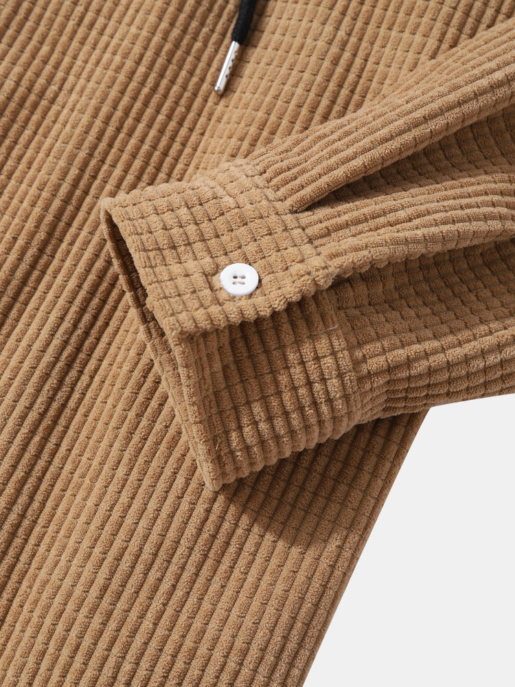 Mens Corduroy Two Tone Patchwork Preppy Drawstring Hooded Shirts
