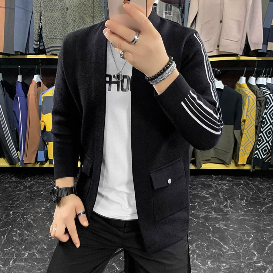 Men's Casual Knitted Cardigan Top Black 2XL