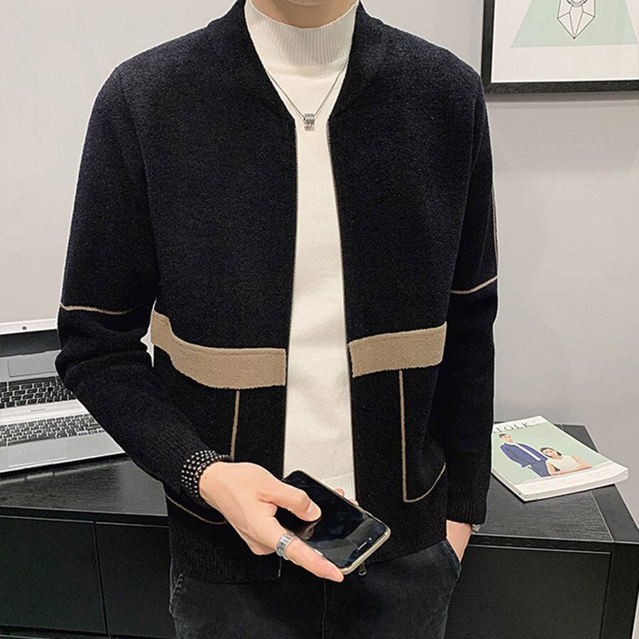 Men's Casual Knitted Cardigan Top Black L