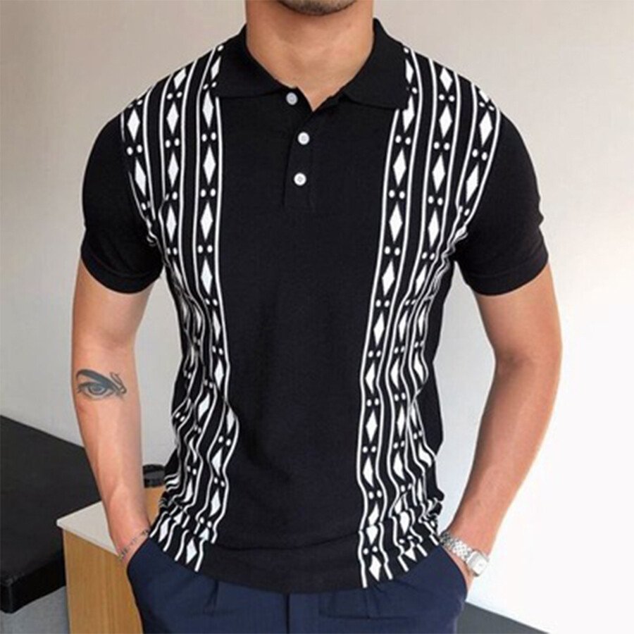 Men's Jacquard Short-Sleeved Sweater T-Shirt Black M