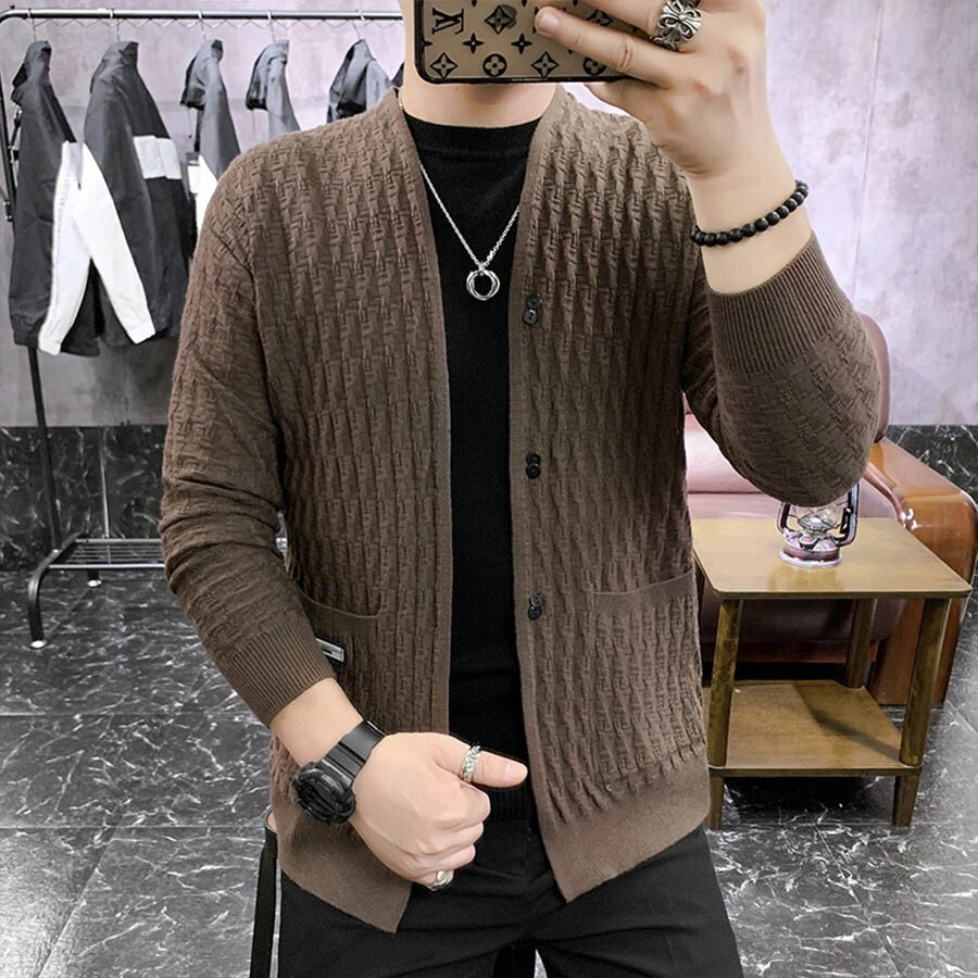 Men's Casual Knitted Cardigan Top Black L