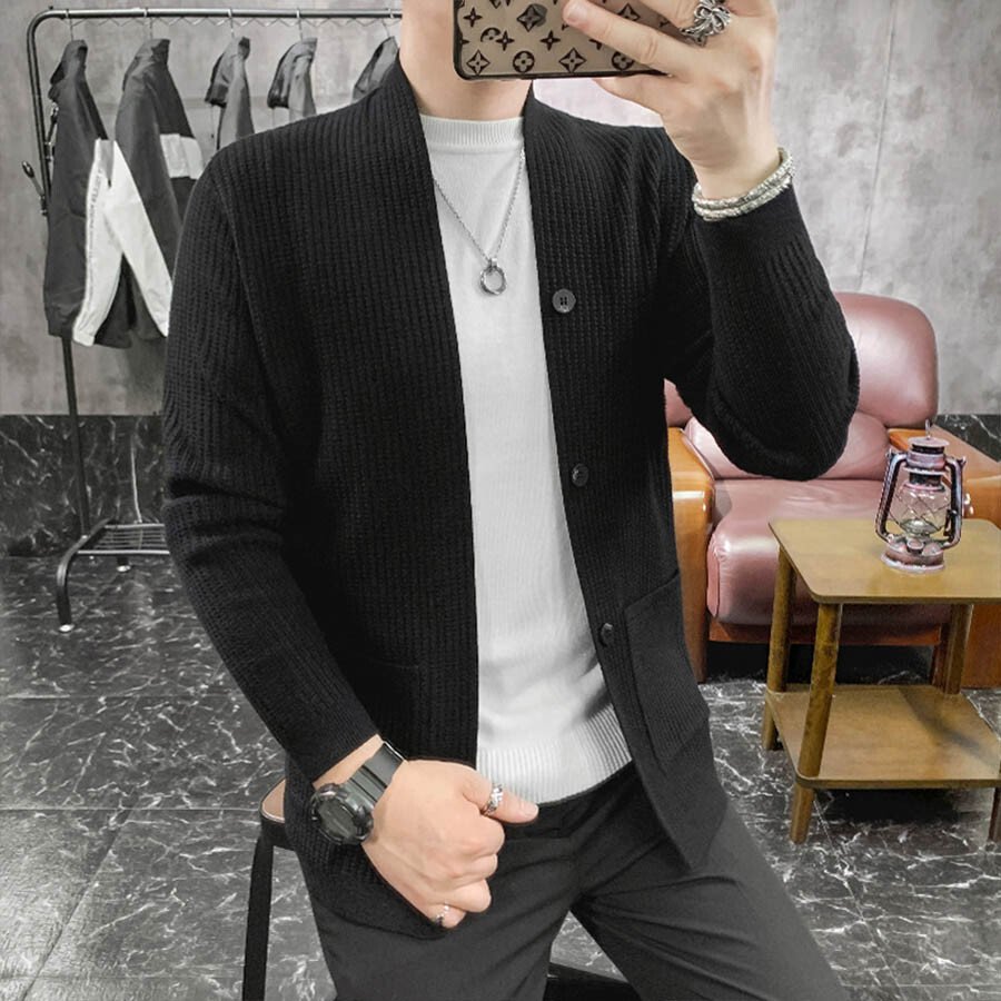 Men's Casual Knitted Cardigan Top Black XL