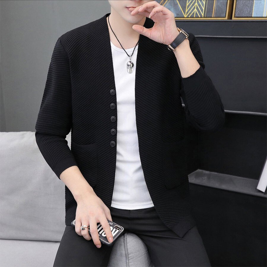 Men's Casual Knitted Cardigan Top Black 2XL