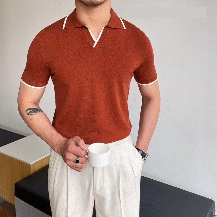Men's Casual Striped Short Sleeve Knit T-Shirt White 2XL