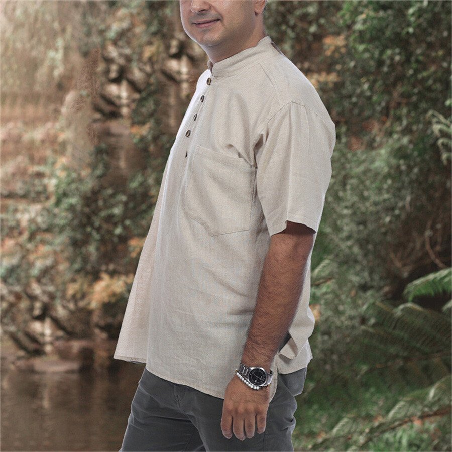 Men's Casual Solid Color Cotton Linen Pullover T-Shirt Top Beige M