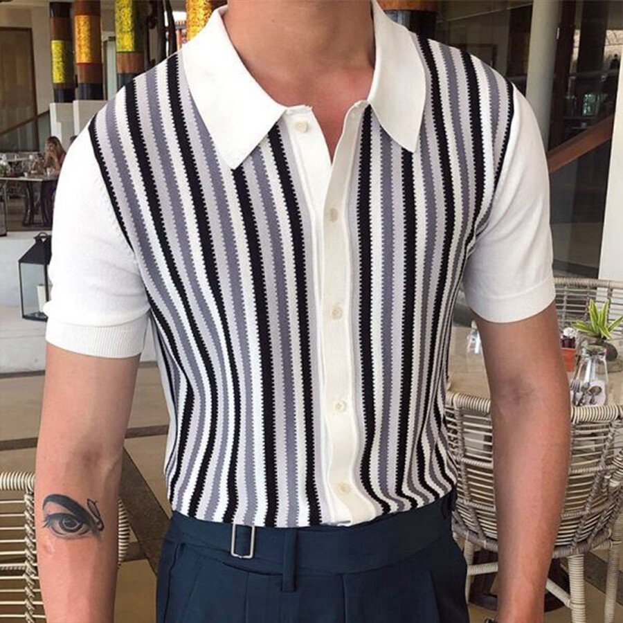 Men's Casual Striped Colorblock Short Sleeve Knit T-Shirt White M