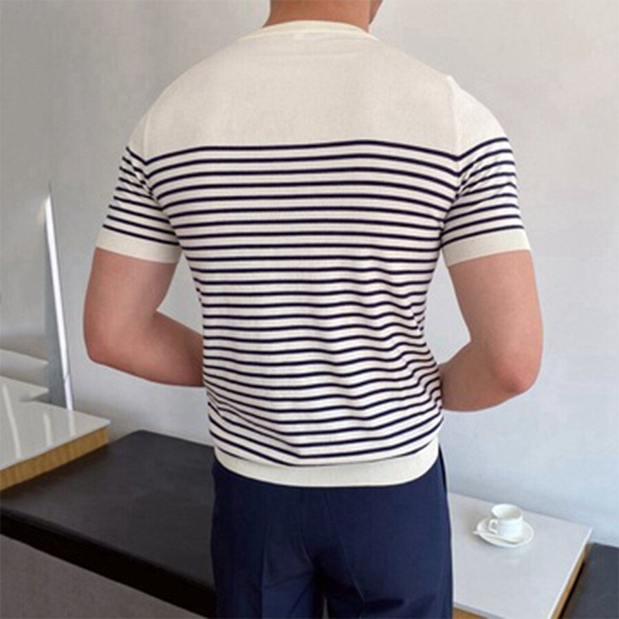 Men's Striped Round Neck Short Sleeve Knit T-shirt White XL