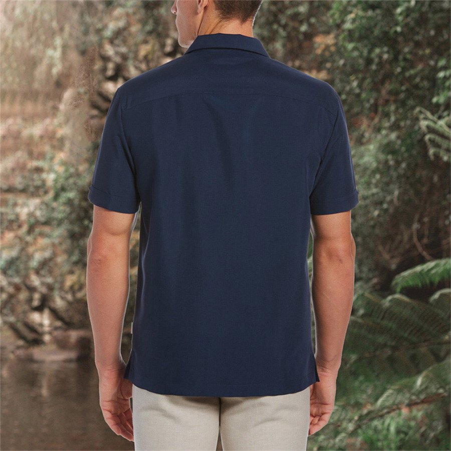 Men's Casual Lapel Short Sleeve Shirt T-Shirt Top Navy M