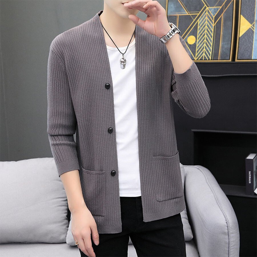 Men's Casual Knitted Cardigan Top Black XL