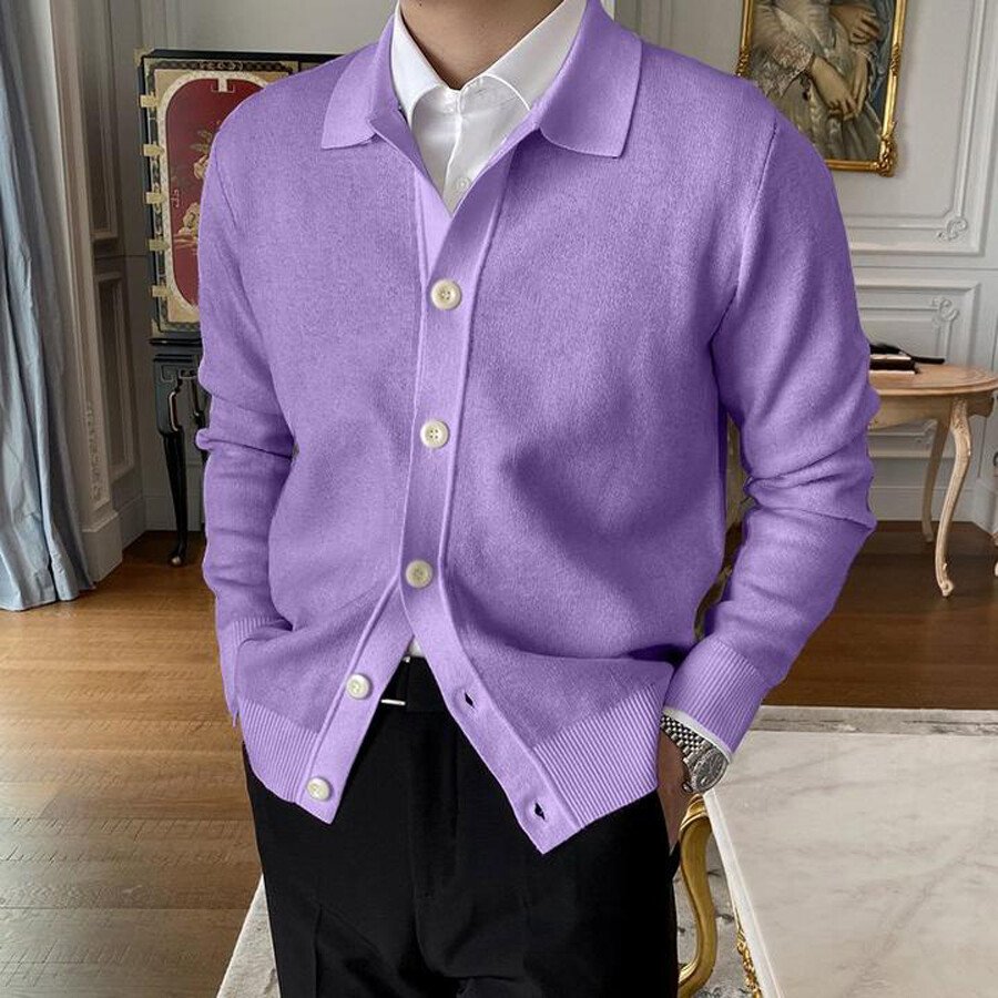 Men's Lapel Knitted Sweater Cardigan Purple M