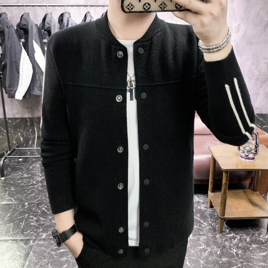 Men's Casual Knitted Cardigan Top Black L