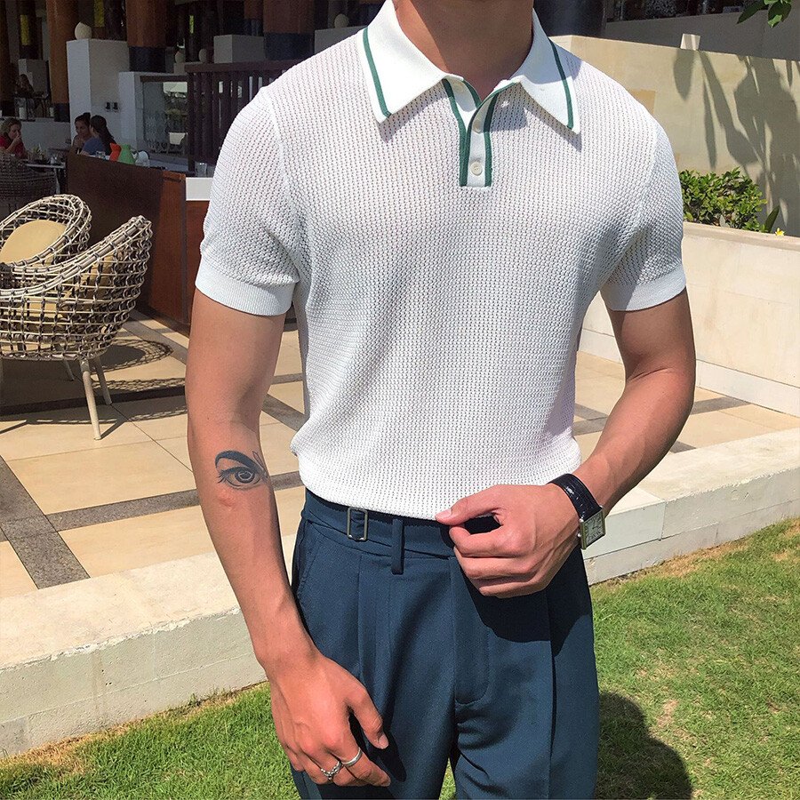 Men's Casual Striped Short Sleeve Knit T-Shirt Black 2XL