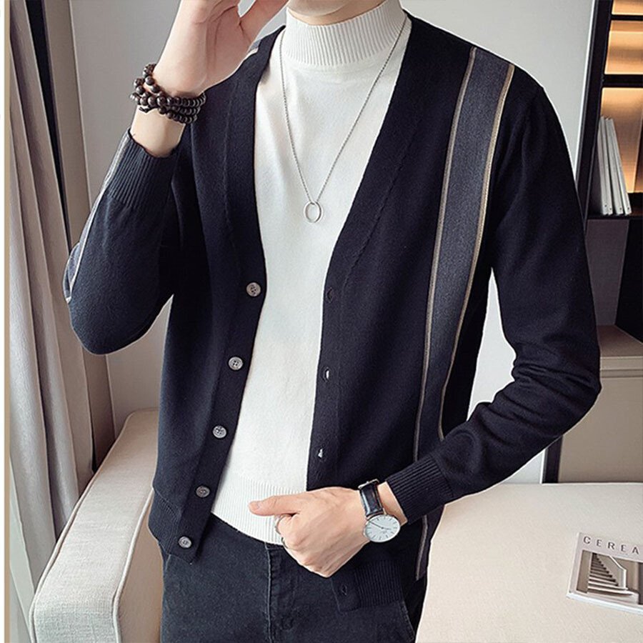 Men's Casual Knitted Cardigan Top Black XL