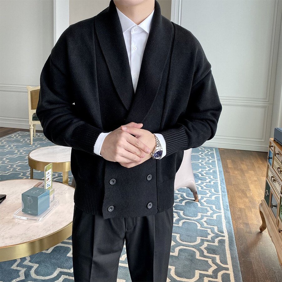 Men's Casual Knitted Cardigan Top Black XL