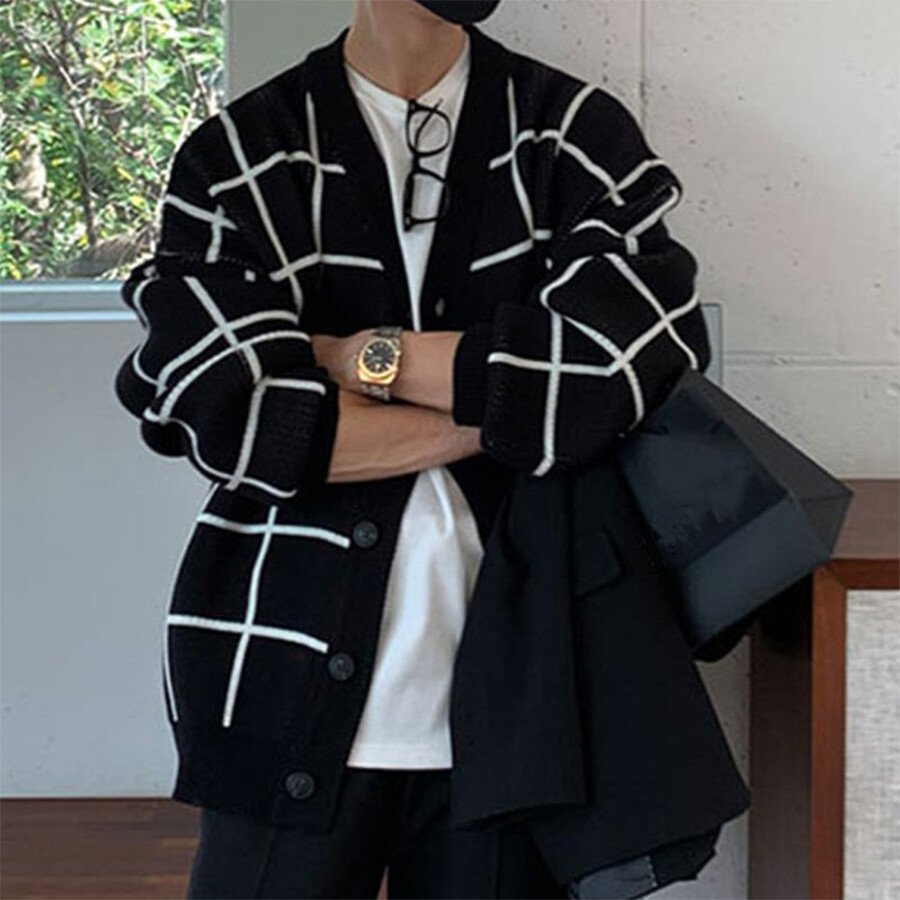 Men's Casual Knitted Cardigan Top Black L