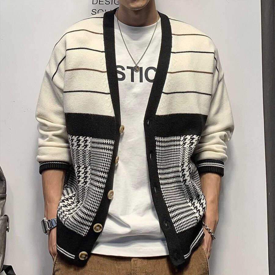 Men's Casual Knitted Cardigan Top White L