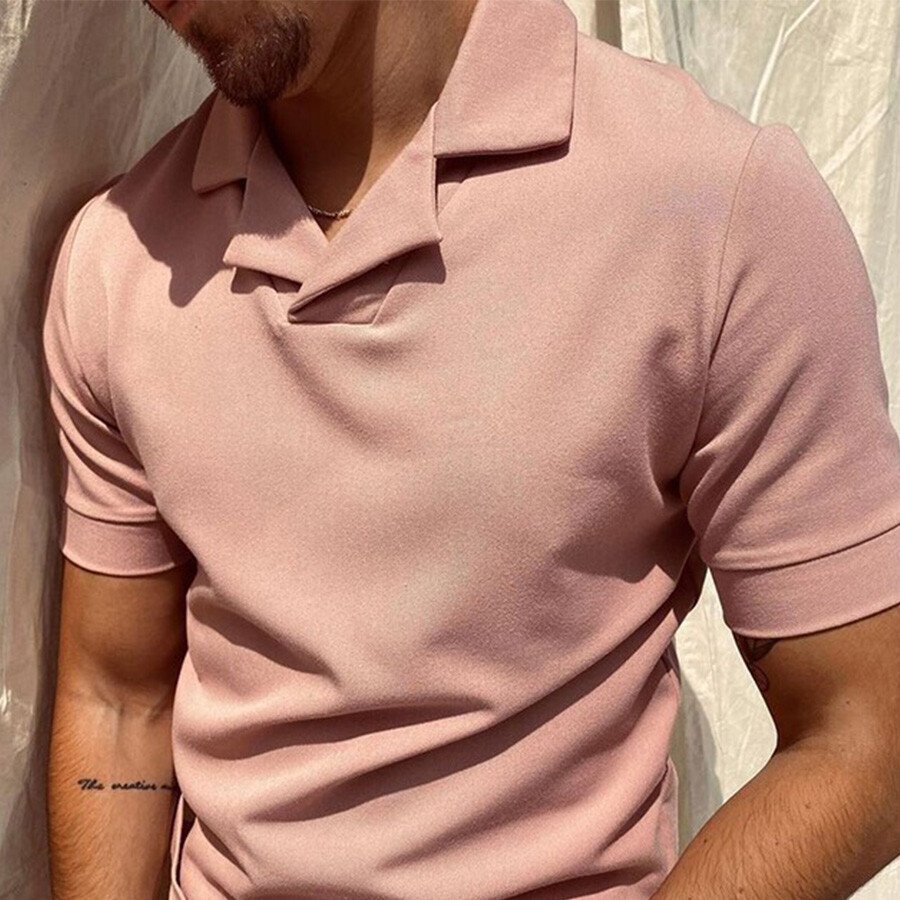 Men's Casual Short Sleeve T-Shirt POLO Shirt Pink L