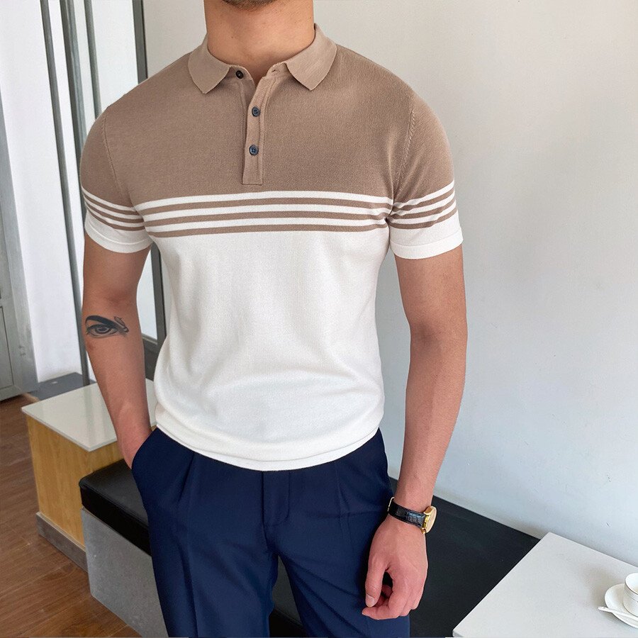Men's Casual Striped Colorblock Short Sleeve Knit T-Shirt Khaki M