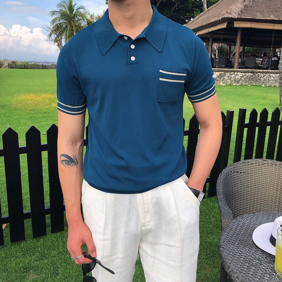 Men's Casual Striped Short Sleeve Knit T-Shirt Black XL