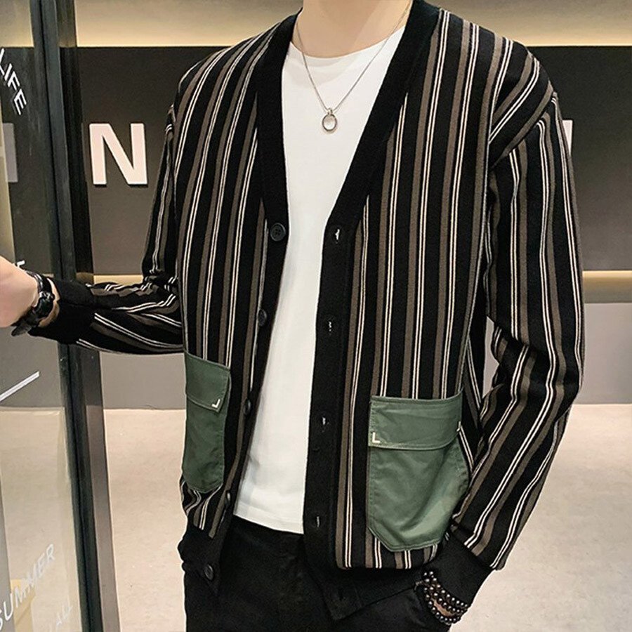 Men's Casual Knitted Cardigan Top Black L