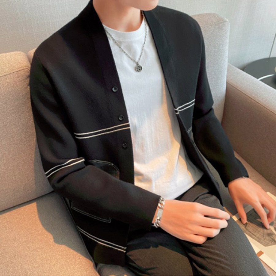 Men's Casual Knitted Cardigan Top Black L