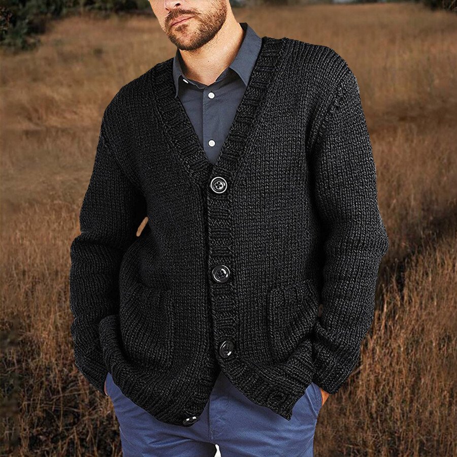 Men's Casual Solid Color Sweater Cardigan Jacket Black XL