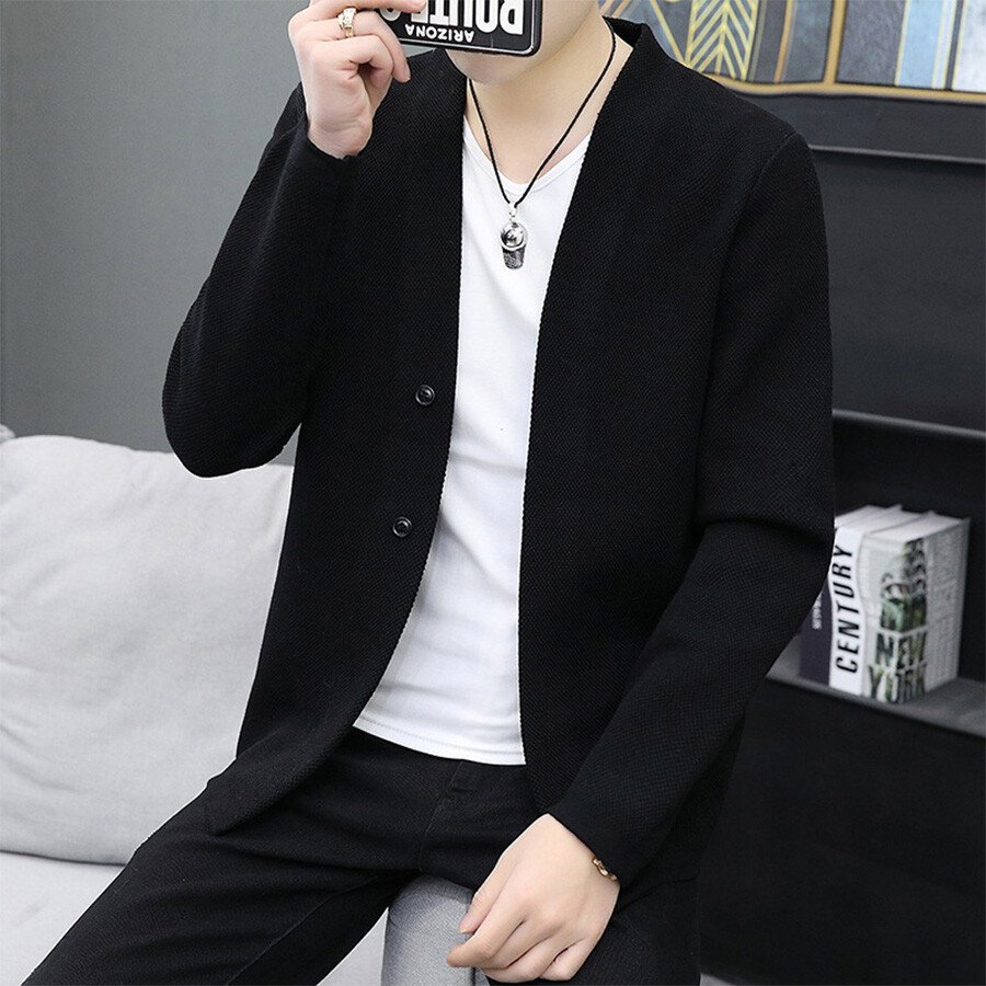 Men's Casual Knitted Cardigan Top Black 2XL