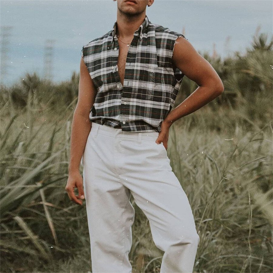 Men's Casual Lapel Plaid Print T-Shirt Top Green M