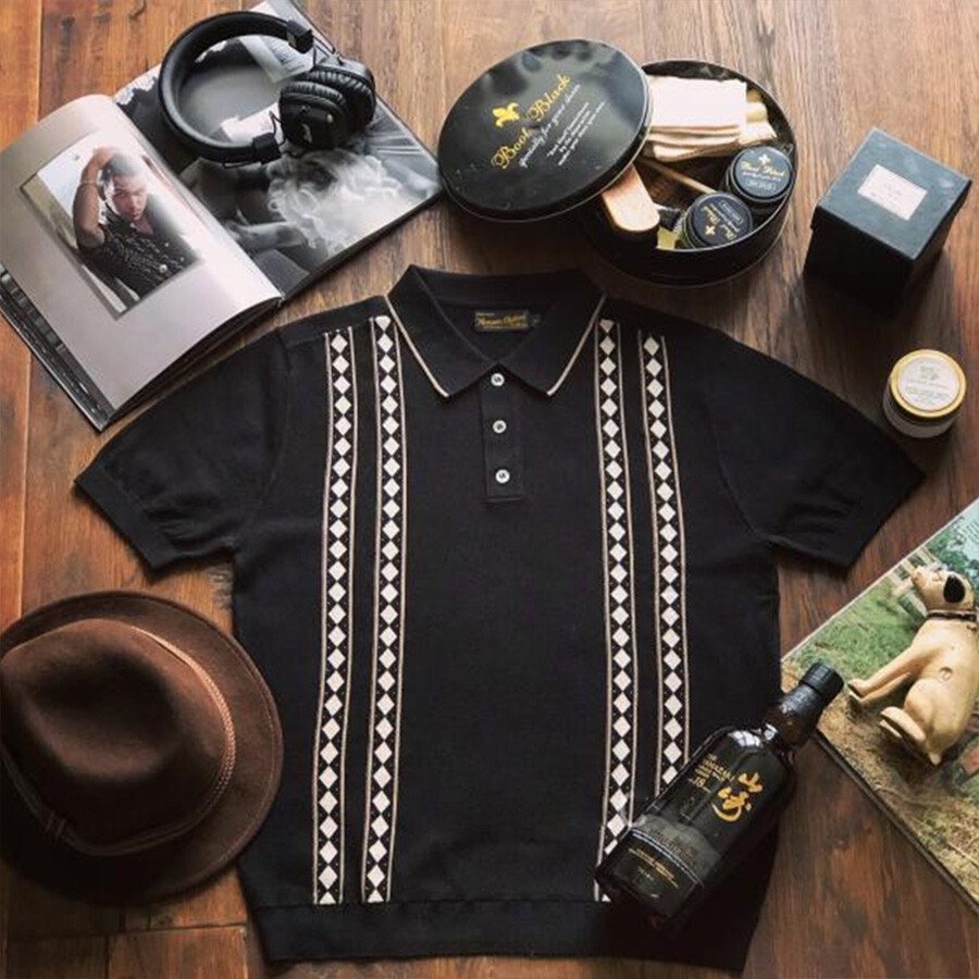 Men's Casual Jacquard Short Sleeve Knit T-Shirt Black L