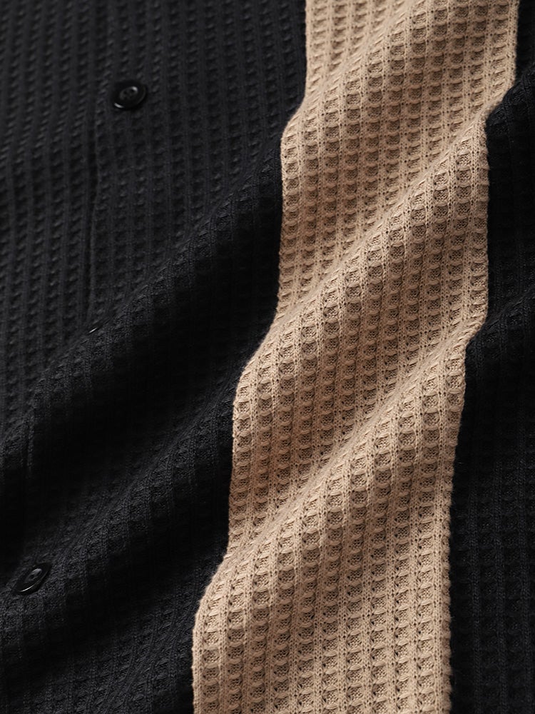 Mens Colorblock Stitching Knitted Revere Collar Short Sleeve Shirt