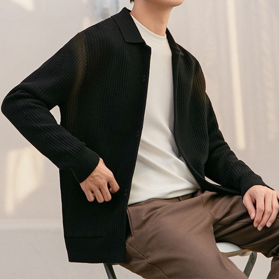 Men's Casual Knitted Cardigan Top Black 2XL