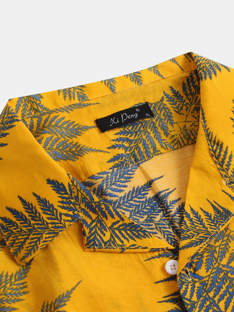 Mens 100% Cotton Leaf Printed Chest Pocket Turn Down Collar Short Sleeve Shirts