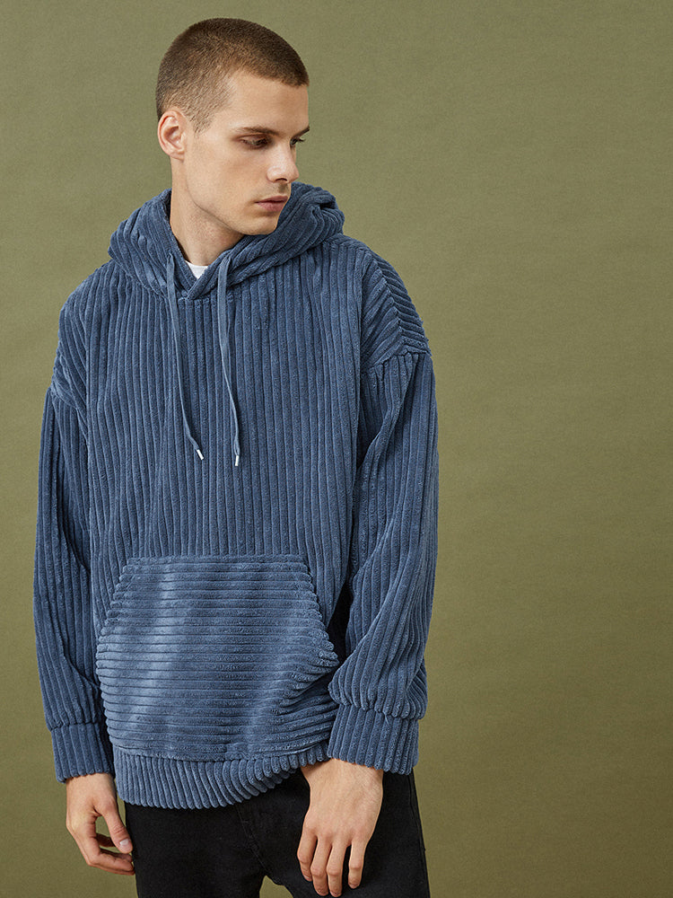 Mens Corduroy Solid Color Casual Loose Fit Kangaroo Pocket Drawstring Hoodies