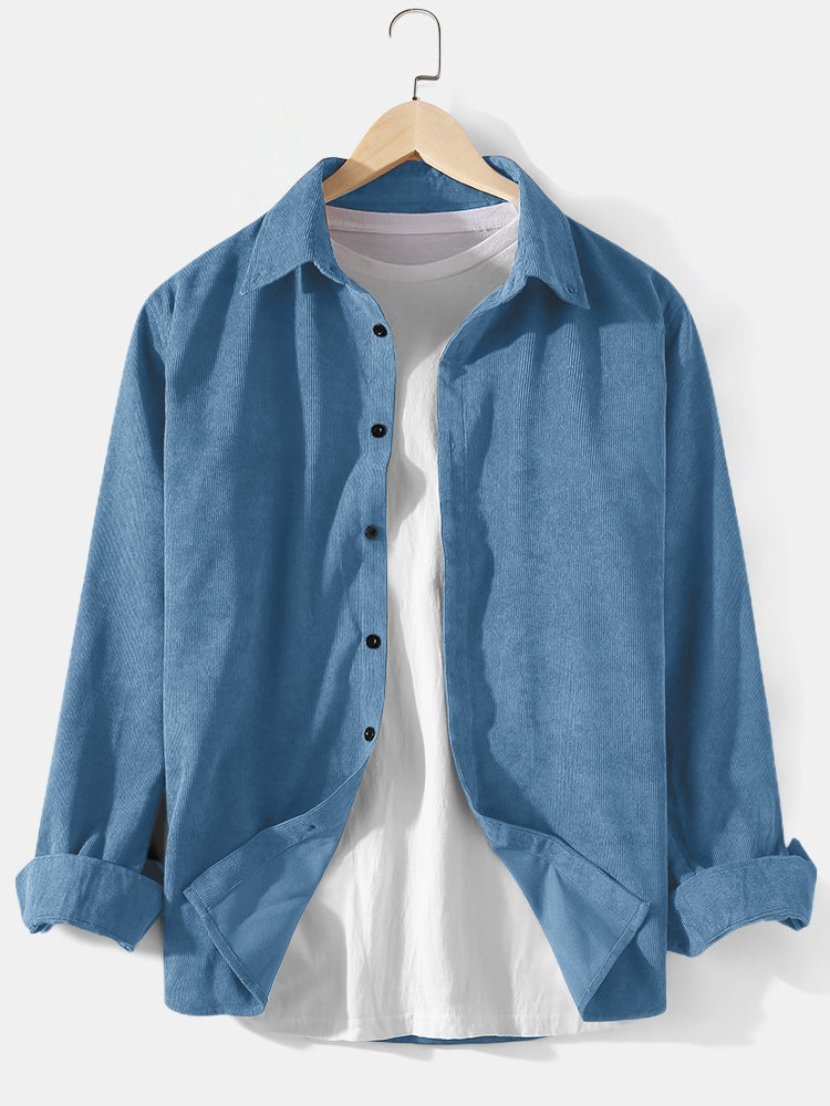 Mens Corduroy Solid Color Lapel Daily Long Sleeve Shirts