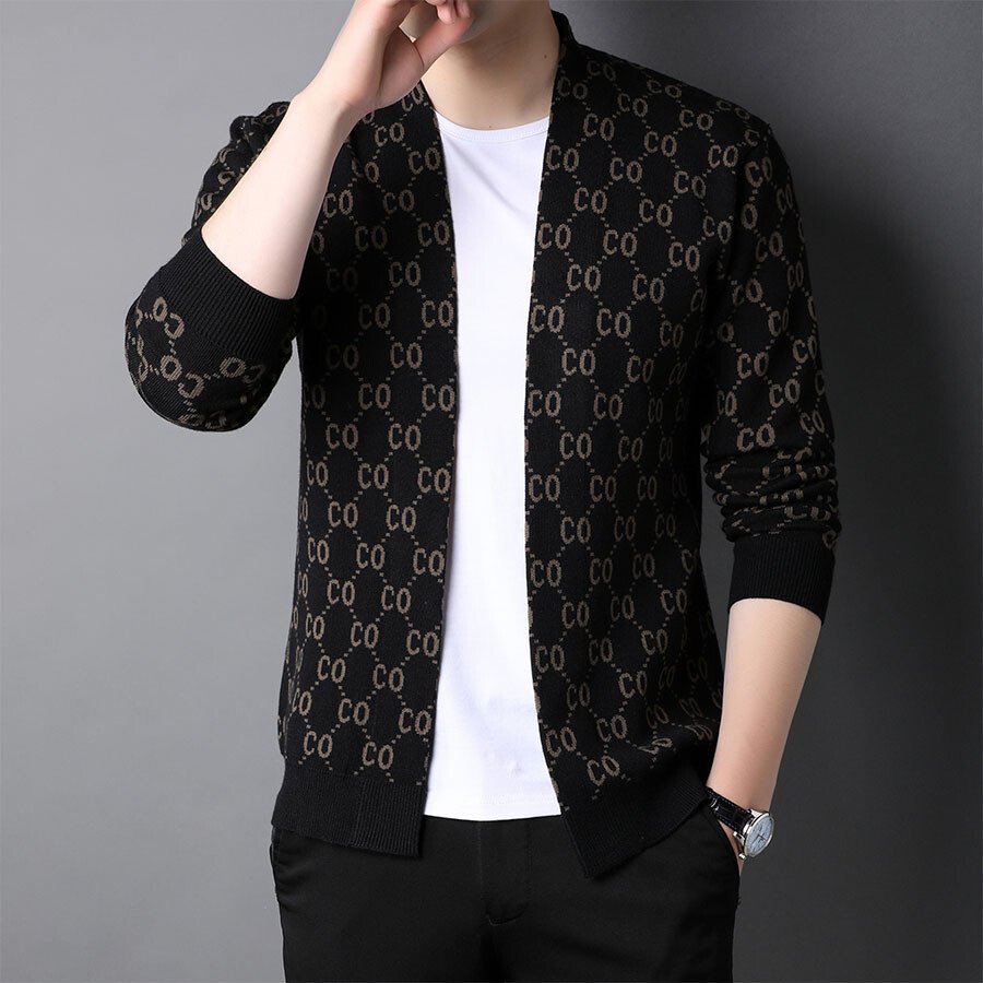 Men&#039;s Casual Knitted Cardigan Top Black 2XL