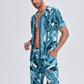 Mens Summer Holiday Revere Collar Tropical Leaf Pattern Baroque Two Piece Outfits