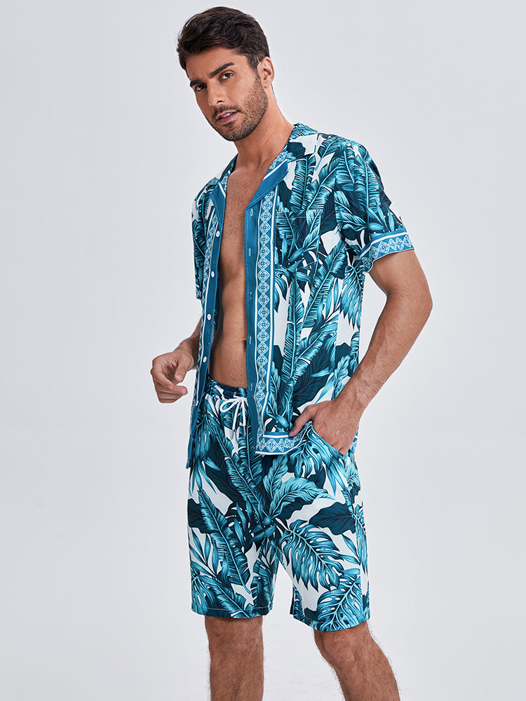 Mens Summer Holiday Revere Collar Tropical Leaf Pattern Baroque Two Piece Outfits