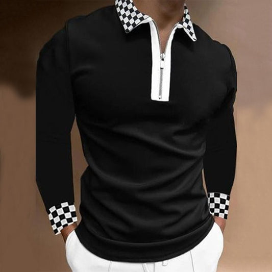 Men'S Patchwork Lapel Plaid Long Sleeve Polo Shirt