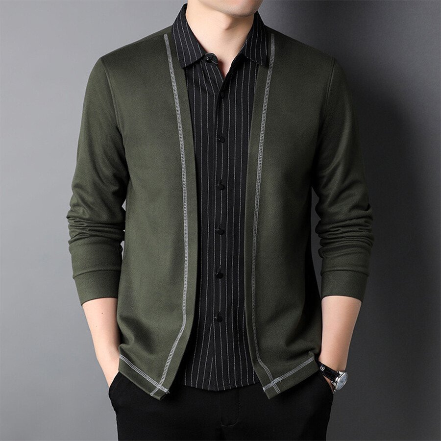 Men&#039;s Casual Knitted =Cardigan Fake Two-Piece Top Black XL