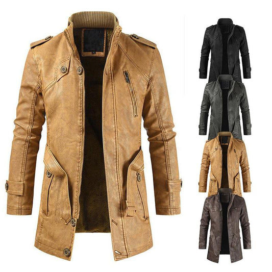 Mens Mid-Length Casual Stand-Collar Slim Leather Jacket