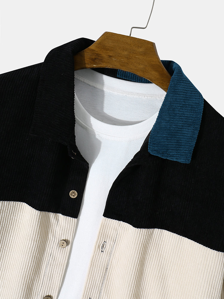 Mens Corduroy Color Block Panel Stitching Casual Long Sleeve Shirts