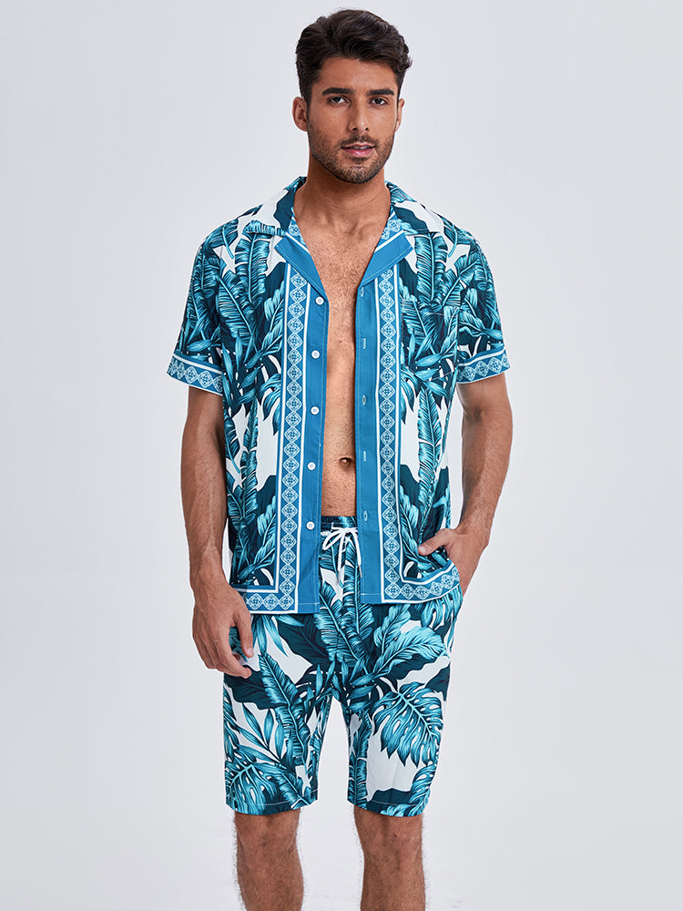 Mens Summer Holiday Revere Collar Tropical Leaf Pattern Baroque Two Piece Outfits