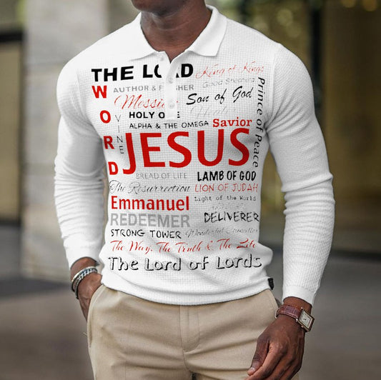 Mens jesus letter print long sleeve casual polo shirt