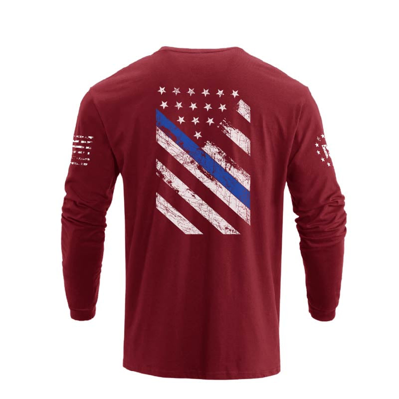 Men's 100% Cotton Blue Line American Flag Graphic Round Neck Long Sleeve T-Shirts