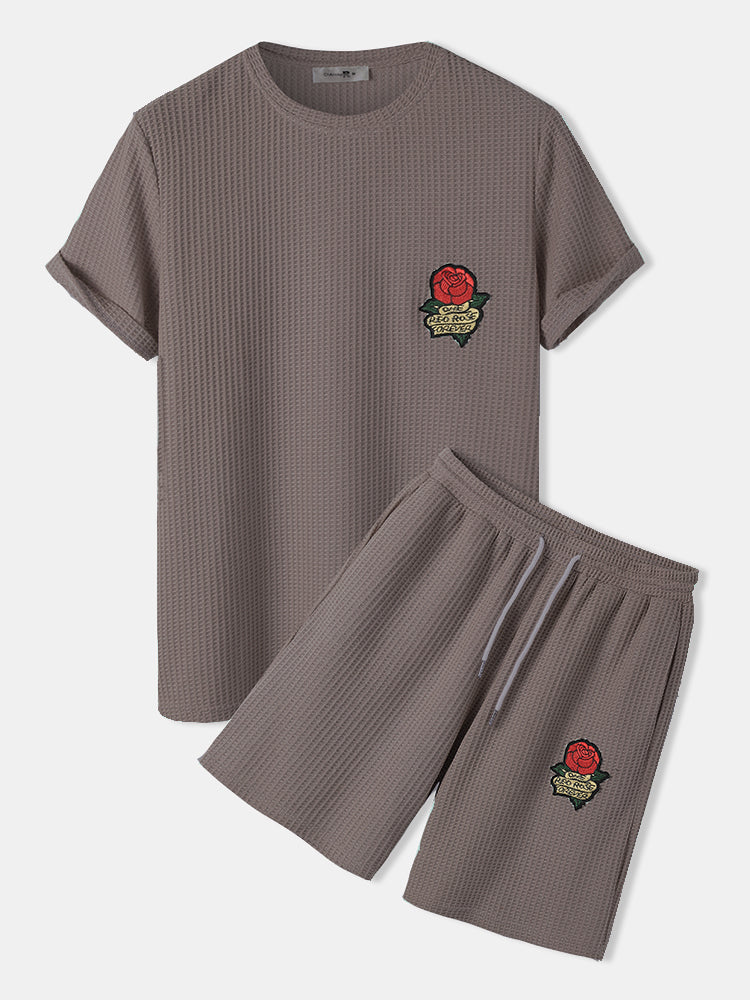 Mens Rose Embroidery Patched Knitted Short Sleeve T-Shirt & Shorts Casual Co-ords