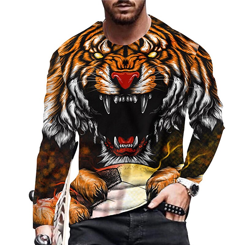 Men's Unisex T shirt 3D Print Graphic Prints Tiger Crew Neck Daily Hol Orange S