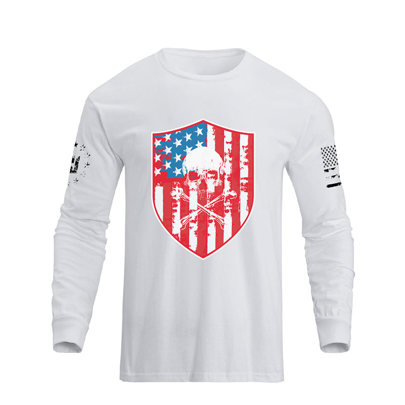 Men's American Flag Shield with Skull Long Sleeve Graphic T-Shirt