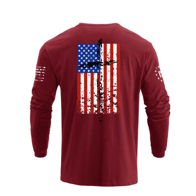 Men's 100% Cotton Patriotic American Flag Cross Graphic Midweight Long Sleeve T-shirts