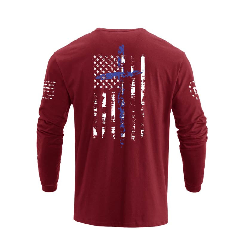 Men's 100% Cotton American Flag Cross Overlay Long Sleeve T-Shirt